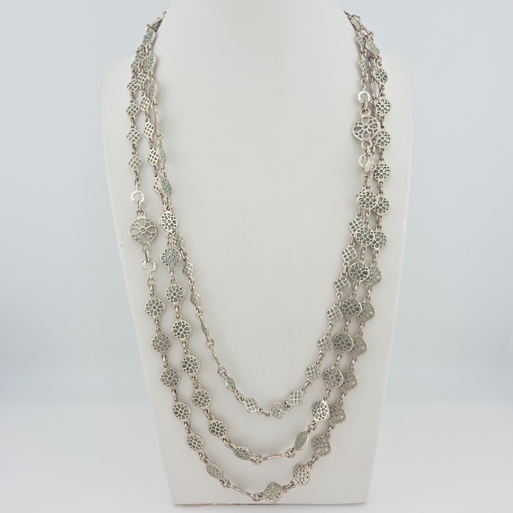 Vtg STELLA & DOT 'Devon' Necklace Open Scrollwork Motif Long Silver Plate 64"